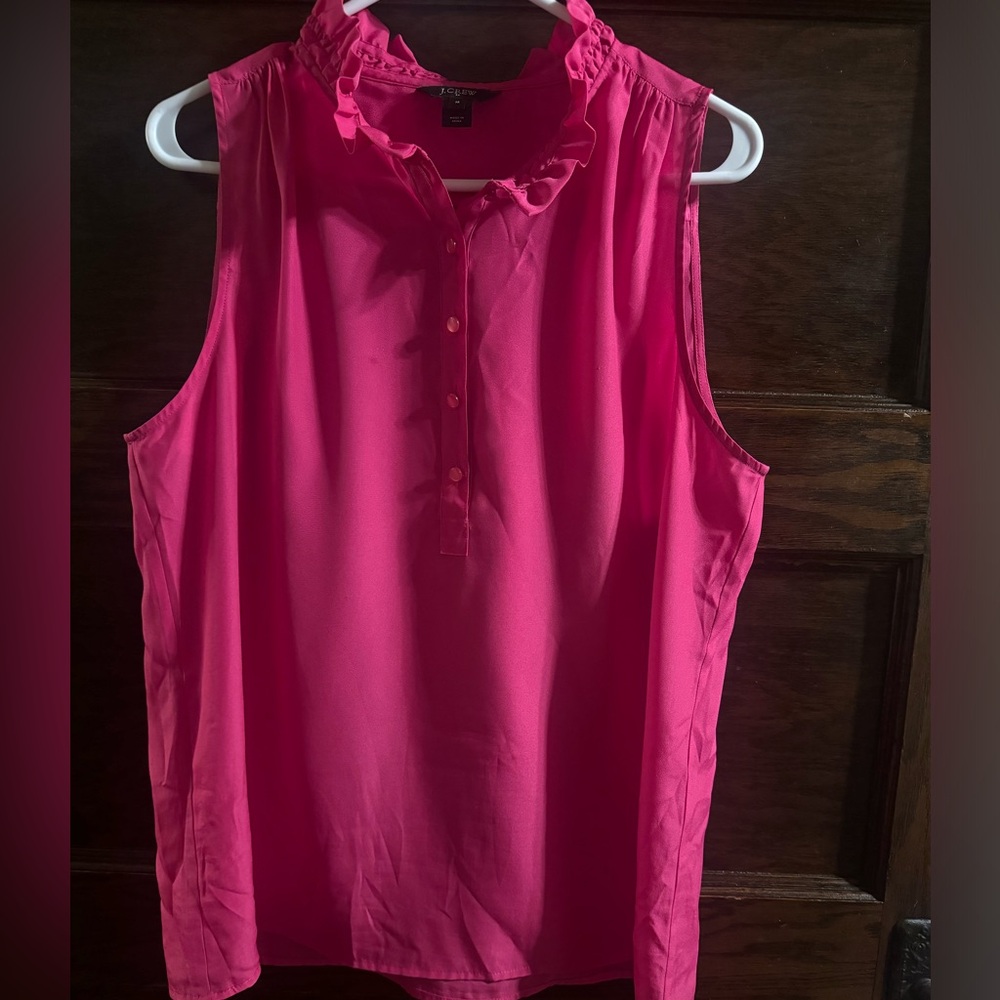 J. Crew Vibrant Pink Sleeveless Blouse with Ruffles, Size 14